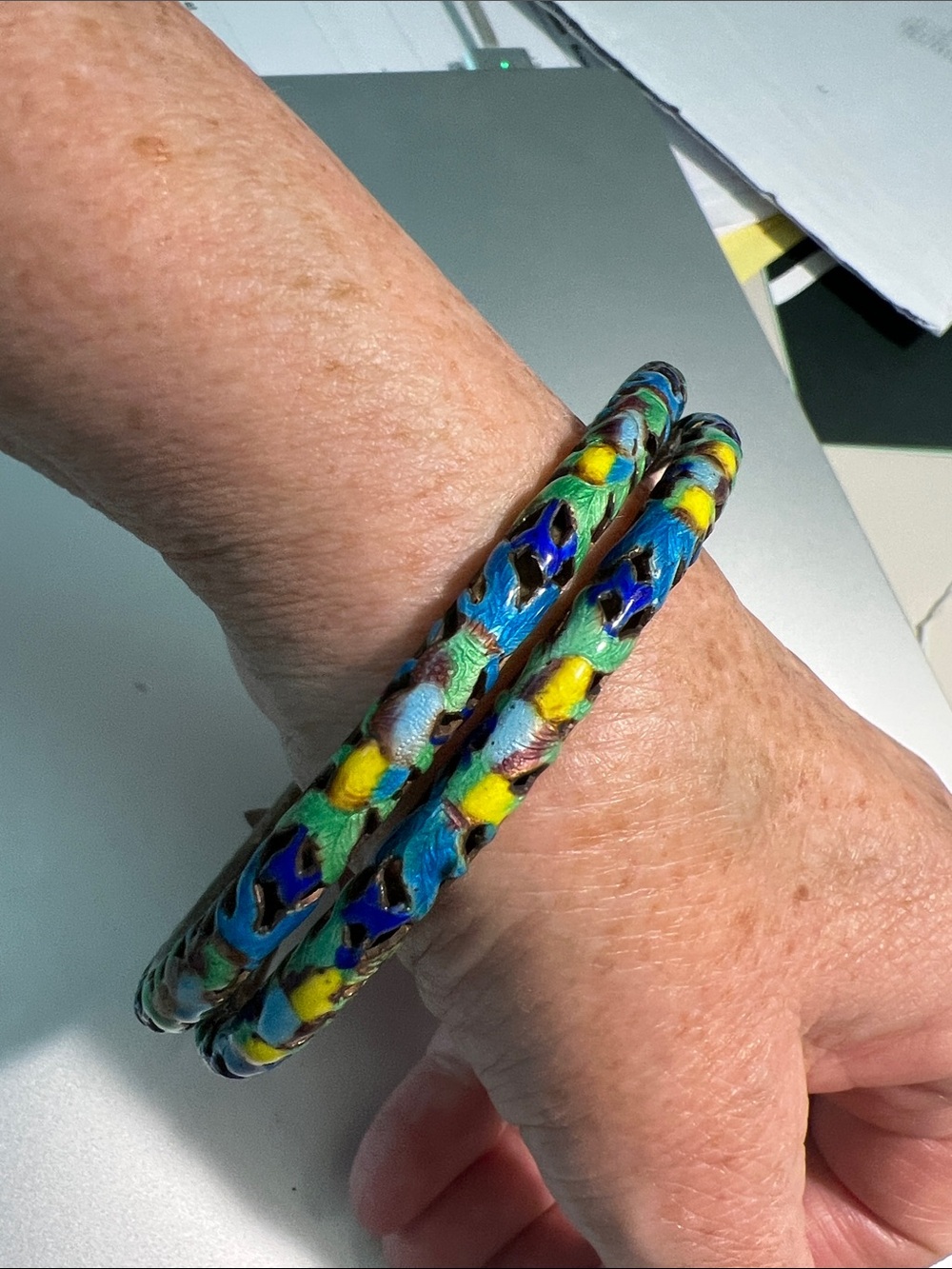 Pair of Multi-Color Enamel Bangle Bracelet - Blue & Green